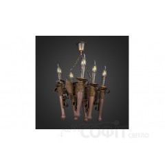 Люстра дерев'яна Смолоскип на ланцюгу 6 ламп, дерево венге, метал патина бронза, свічка, D-50см, ФС 049
