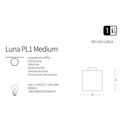 Потолочный светильник Ideal Lux LUNA PL1 MEDIUM 213194 Потолочный светильник Ideal Lux LUNA PL1 MEDIUM 213194