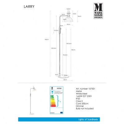 Торшер MarkSlojd Sweden LARRY Floor 1L White/Steel 107501