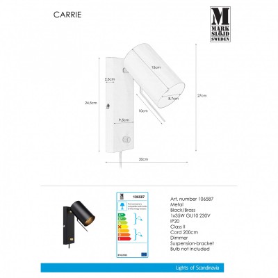 Бра - спот MarkSlojd Sweden CARRIE Wall 1L Black 106587