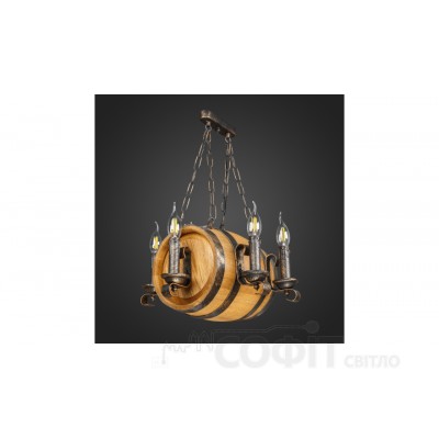 Люстра дерев'яна Бочка на ланцюзі 6 ламп, дерево дуб, метал патина бронза, свічка, D-40см, ФС 095