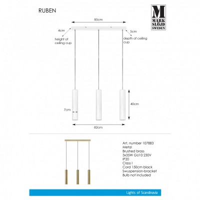 Підвісний світильник MarkSlojd Sweden RUBEN Pendant 3L Brushed Brass 107883