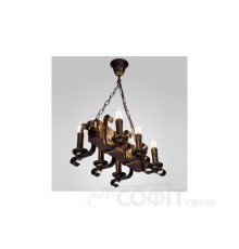 Люстра дерев'яна Балка - Вензель - Свічка на ланцюгу 6 ламп, дерево венге, метал патина бронза, свічка, D-48см, ФС 126