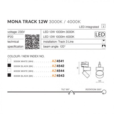 Трековий світильник AZzardo MONA TRACK 3LINE 12W 3000K BK AZ4542