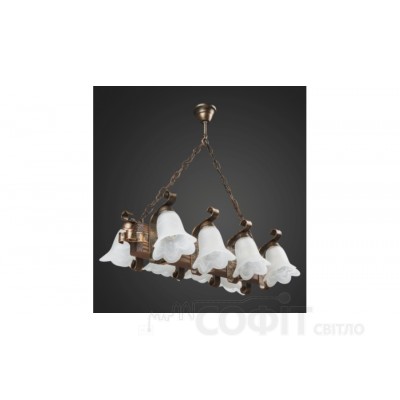 Люстра деревянная Балка - Вензель - Плафон на цепи 8 ламп, дерево венге, металл патина бронза, плафон стекло, D-48см, ФС 129