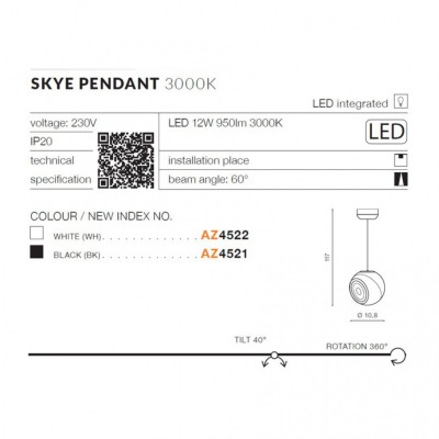 Трековый светильник AZzardo SKYE PENDANT 3000K BK AZ4521