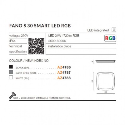 Стельовий світильник AZzardo FANO S 30 SMART LED BK AZ4786