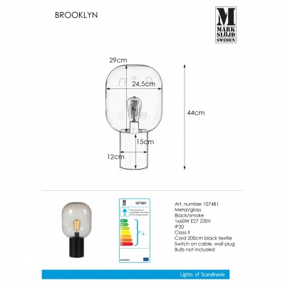 Настільна лампа MarkSlojd Sweden BROOKLYN Table 1L 44cm Black/Smoke 107481