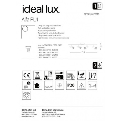 Спот Ideal Lux ALFA PL4 OTTONE SATINATO 287799