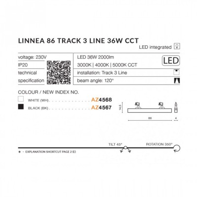 Трековый светильник AZzardo LINNEA 86 TRACK 3LINE 36W CCT BK AZ4567