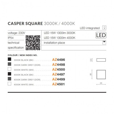 Стельовий світильник AZzardo CASPER SQUARE 3000K WH AZ4500