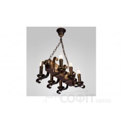 Люстра дерев'яна Балка - Вензель - Свічка на ланцюгу 6 ламп, дерево венге, метал патина бронза, свічка, D-48см, ФС 126