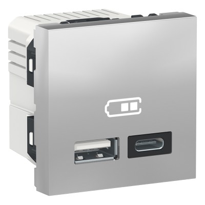 Розетка USB двойная Type A + Type C для зарядки, 2.4А, 2 модуля, алюминий, Unica New, NU301830 Schneider Electric