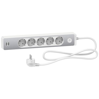 Подовжувач Unica Extend 5 гнізд 2хUSB 1,5 м Алюміній/Білий ST945U1WA Schneider Electric