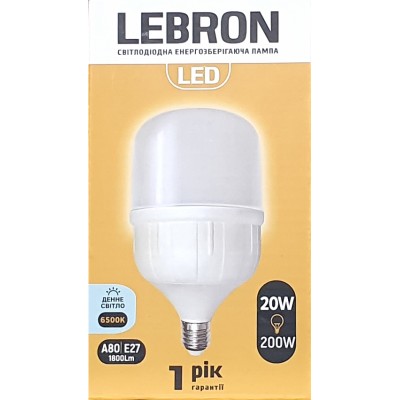 Лампа светодиодная LED Lebron L-A80 20W E27 6500K 220V 1800Lm 11-18-12-1