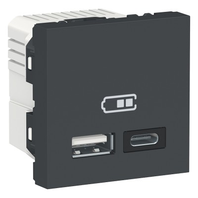 Розетка USB двойная Type A + Type C для зарядки, 2.4А, 2 модуля, антрацит, Unica New, NU301854 Schneider Electric