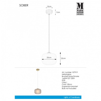 Люстра MarkSlojd Sweden SOBER Pendant 1L Brushed Brass/Smoke 107919