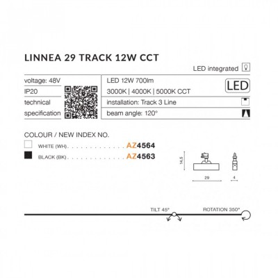 Трековый светильник AZzardo LINNEA 29 TRACK 3LINE 12W CCT WH AZ4564