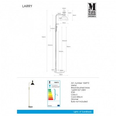 Торшер MarkSlojd Sweden LARRY Floor 1L Black/Brushed Brass 106972