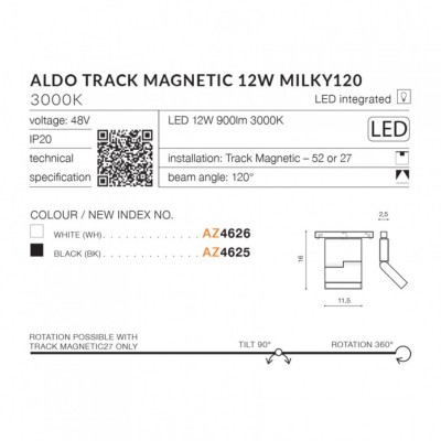 Трековий світильник AZzardo ALDO TRACK MAGNETIC 12W MILKY120 3000K BK AZ4625 Трековий світильник AZzardo ALDO TRACK MAGNETIC 12W MILKY120 3000K BK AZ4625