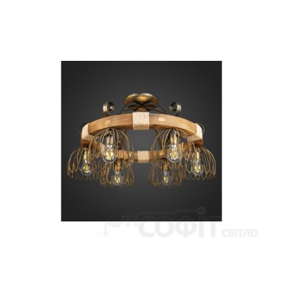 Люстра деревянная Кольцо потолочное 6 ламп, дерево состаренное, шпагат, D-72см, ФС 004