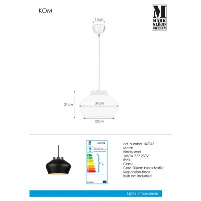 Подвесной светильник MarkSlojd Sweden KOM Pendant 31cm Black/Steel 107378