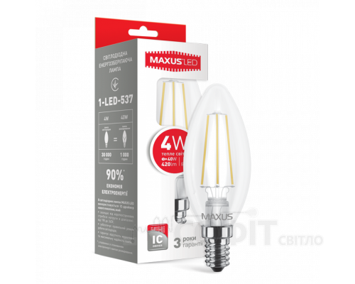 Лампа светодиодная C37 Maxus филамент LED-537 4W 3000K 220V E14