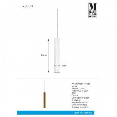 Подвесной светильник MarkSlojd Sweden RUBEN Pendant 1L Brushed Brass 107880