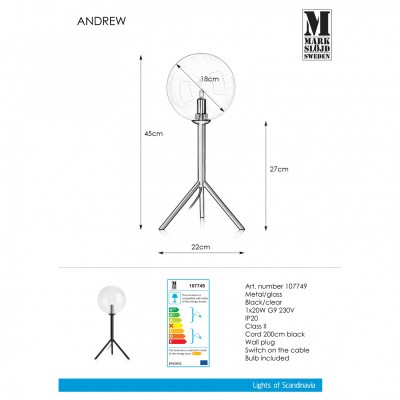Настільна лампа MarkSlojd Sweden ANDREW Table 1L Black/Clear 107749