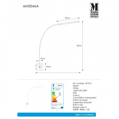 Бра MarkSlojd Sweden ANTENNA Wall 1L White 107313