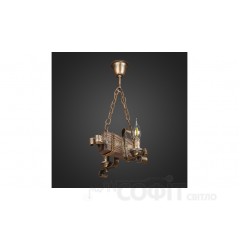 Люстра деревянная Балка - Вензель - Свеча на цепи 2 лампы, дерево венге, металл патина бронза, свеча, D-29см, ФС 057