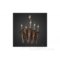 Люстра дерев'яна Смолоскип на ланцюгу 6 ламп, дерево венге, метал патина бронза, свічка, D-50см, ФС 049