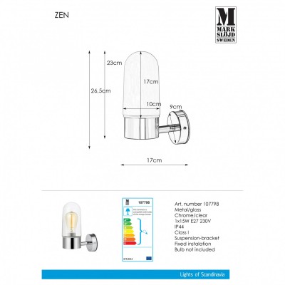 Бра MarkSlojd Sweden ZEN Wall 1L Chrome/Clear IP44 107798