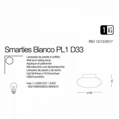 Стельовий світильник Ideal Lux SMARTIES PL1 D33 BIANCO 009223 Стельовий світильник Ideal Lux SMARTIES PL1 D33 BIANCO 009223