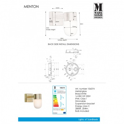 Бра - спот MarkSlojd Sweden MENTON Wall 1L Brass/Opal IP44 106374